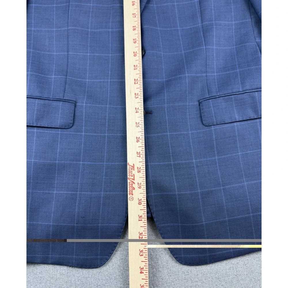Calvin Klein 44L Blue Windowpane 100% Wool Sport Coat Blazer 2 Button Jacket